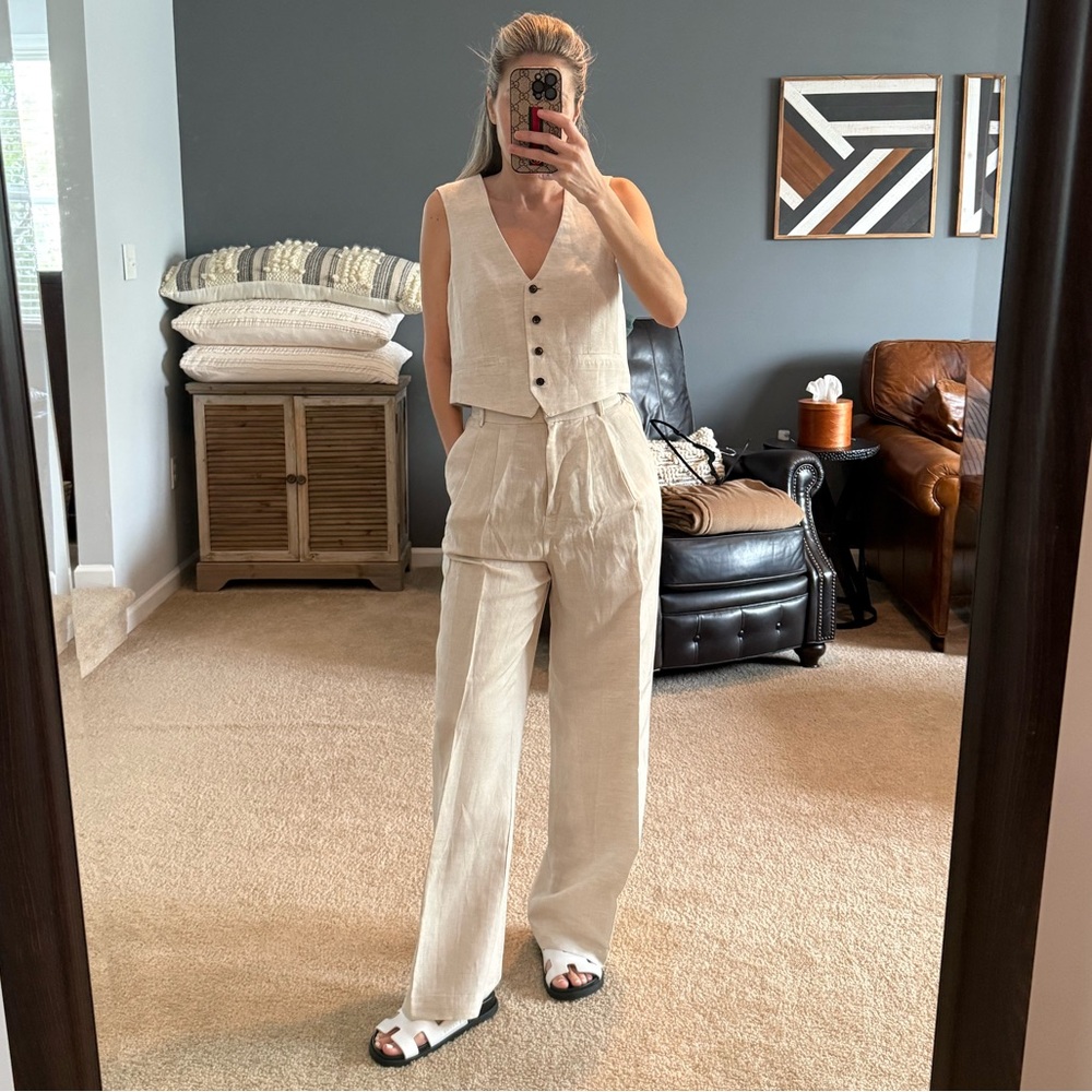 H&M Cream Linen Blend High-Waist Trousers with Matching Vest